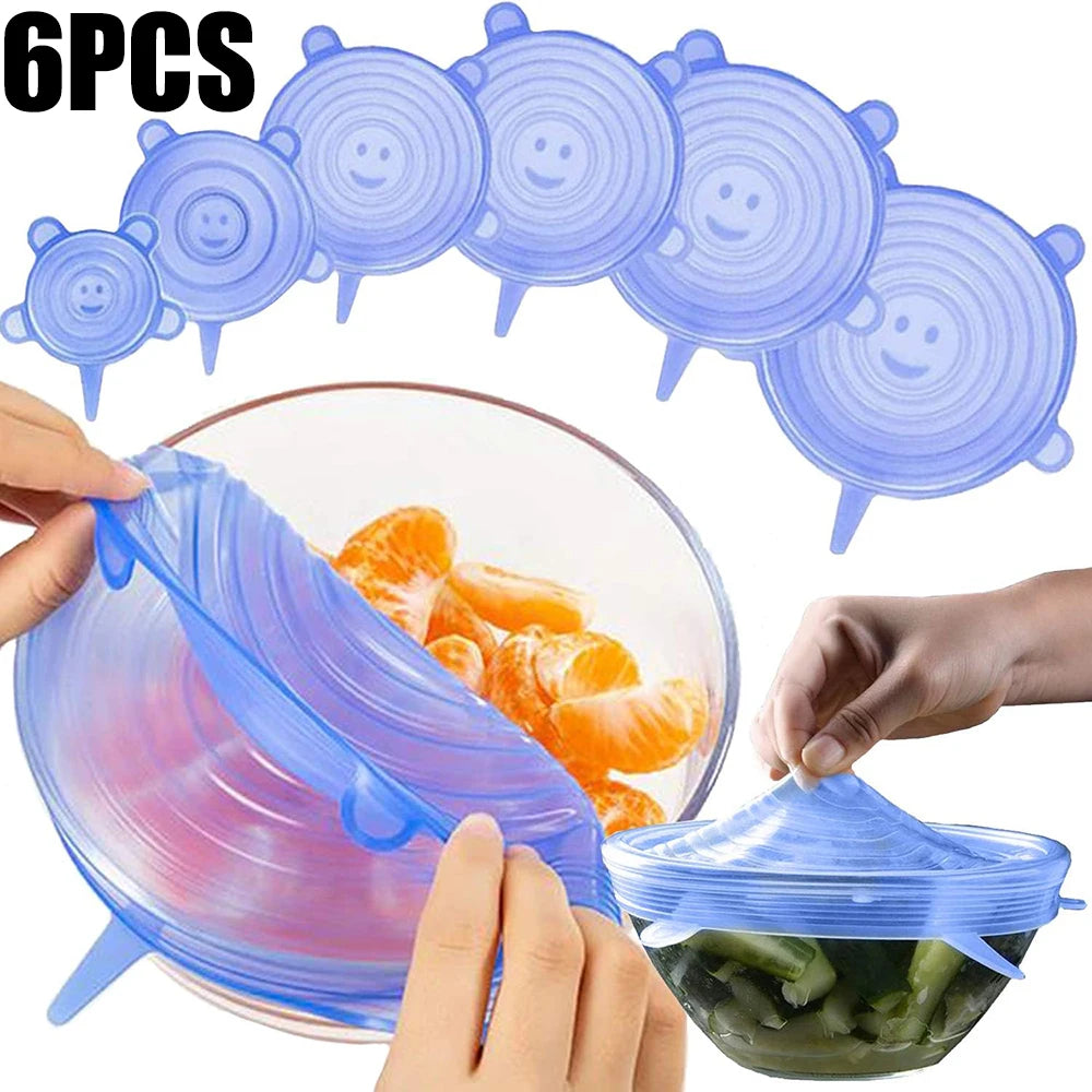 Round Stretch Food Covers Set of 6, Reusable Bowl and Dish Lids with Listed Sizes from 6 to 18cm in White, Blue, Yellow or Pink for Kitchen Storage