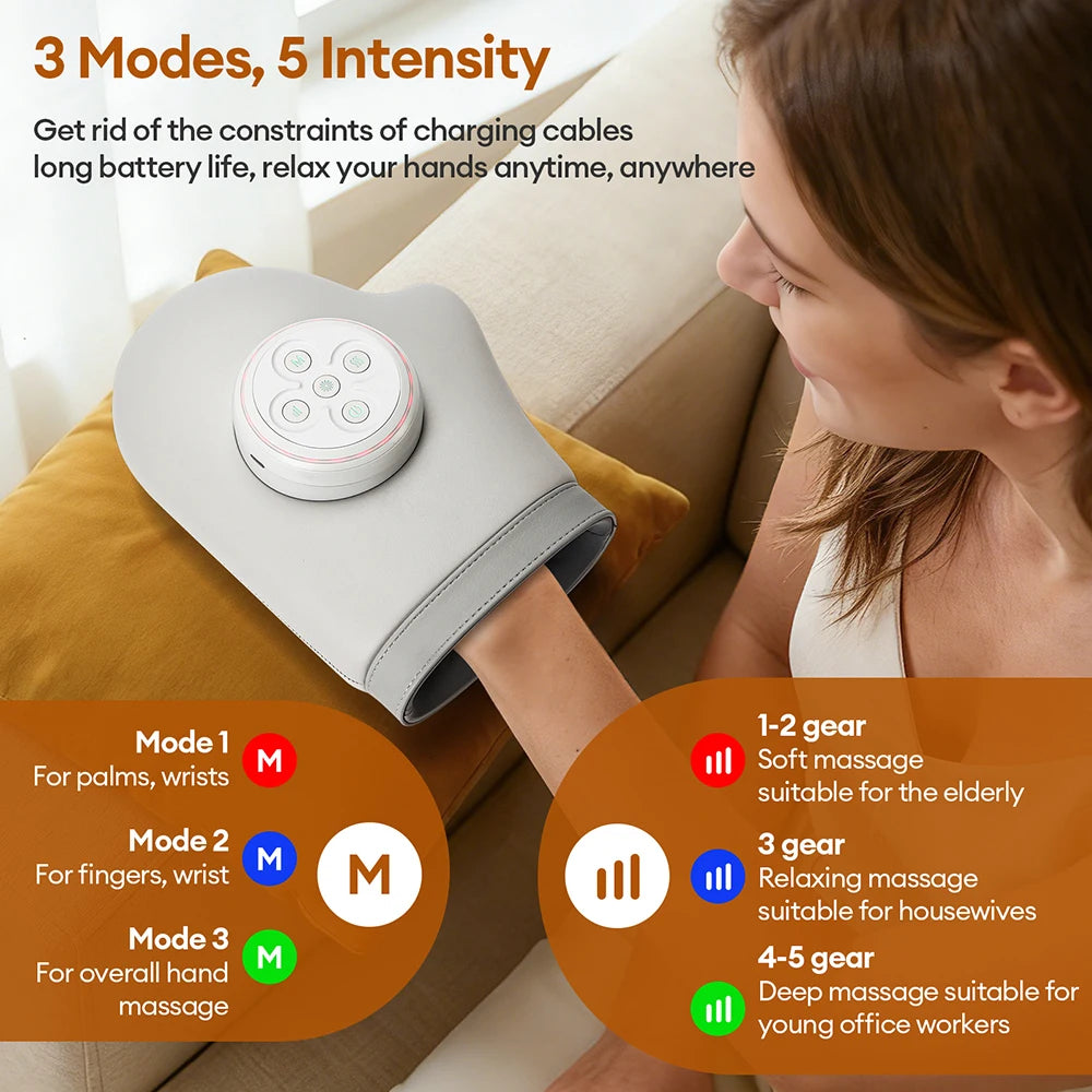 Electric Hand Massager in White with Air Compression, Three Listed Modes and Five Intensity Levels, 2000mAh Rechargeable Battery and 15-Minute Timer for Adult Relaxation