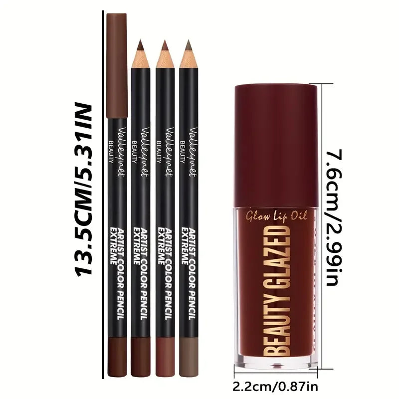 Lip Liner and Glaze Set with Three Liners and One Lip Glaze, Four-Piece Lip Makeup Kit in Three Numbered Options for Everyday Outlining and Evening Looks