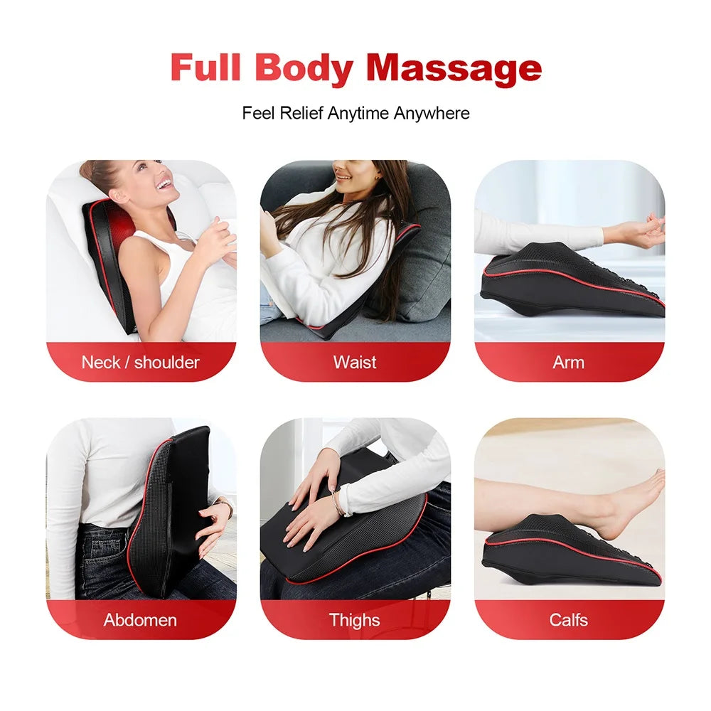Back and Neck Massage Pillow with Listed 24W Power, PU Surface, One-Button Control and 15-Minute Auto Shutoff, Adapter and Vehicle Cable for Adult Relaxation