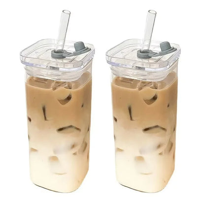 400ml Glass Coffee Cup with Listed Lid and Straw, Transparent Borosilicate Drinkware for Iced Coffee, Milk Tea and Juice with Square Cup and Bamboo Lid Options