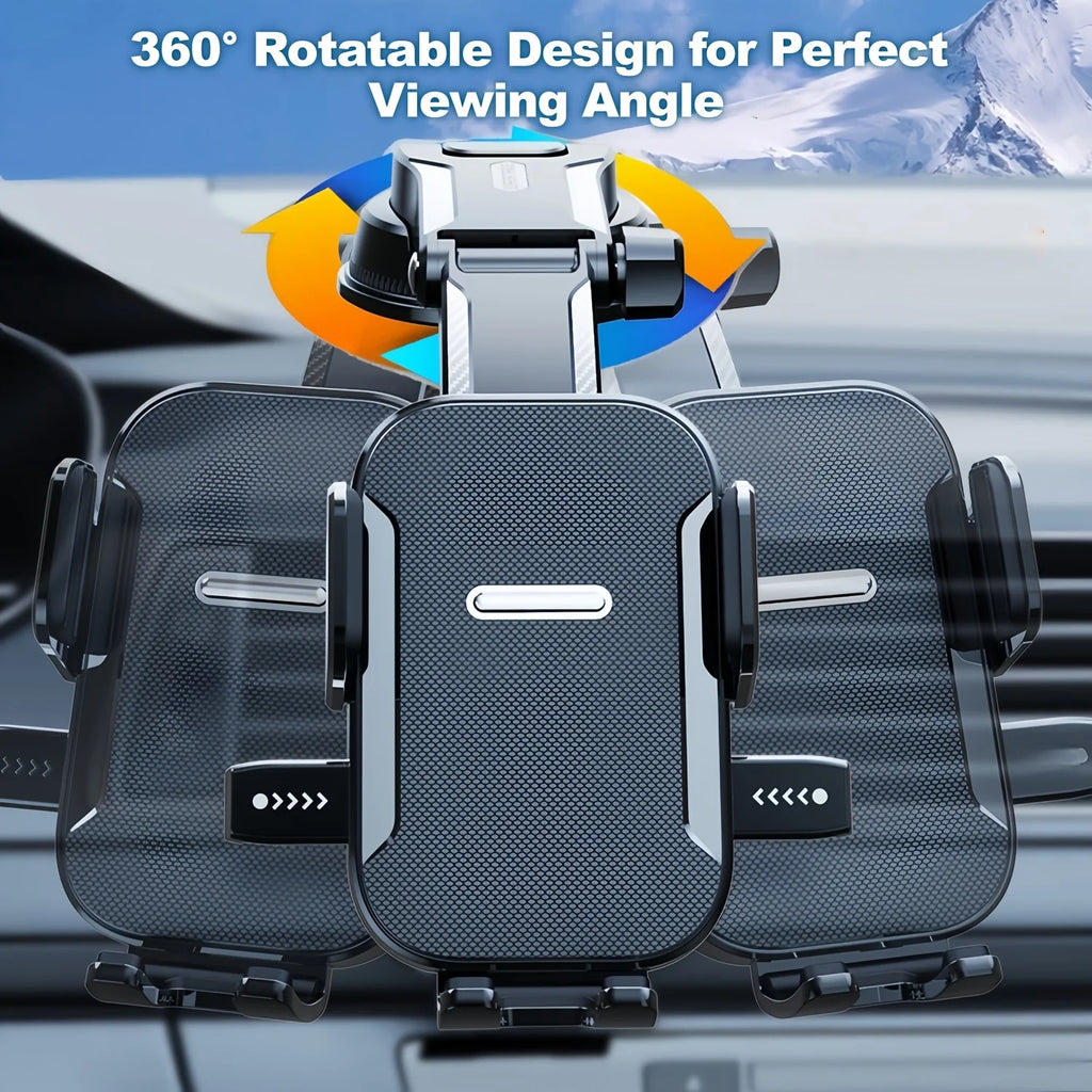 Dashboard Car Phone Holder with Pressure-Locking Suction Cup, 360-Degree Rotation and Quick-Release Clamp for Navigation in Three Black Style Options