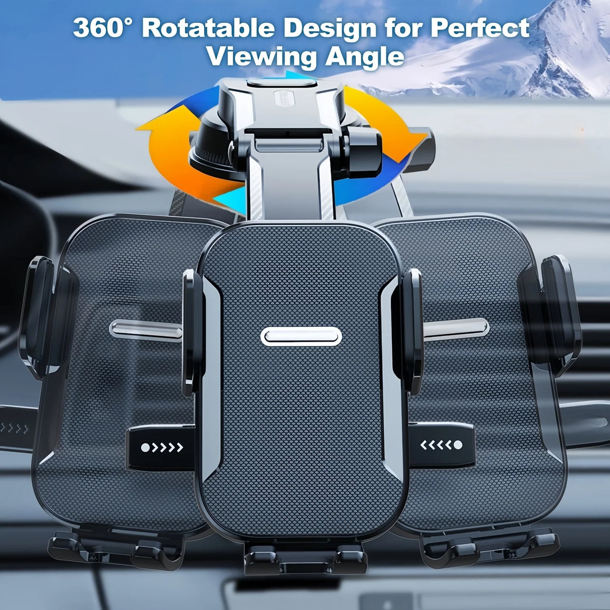 Dashboard Car Phone Holder with Pressure-Locking Suction Cup, 360-Degree Rotation and Quick-Release Clamp for Navigation in Three Black Style Options