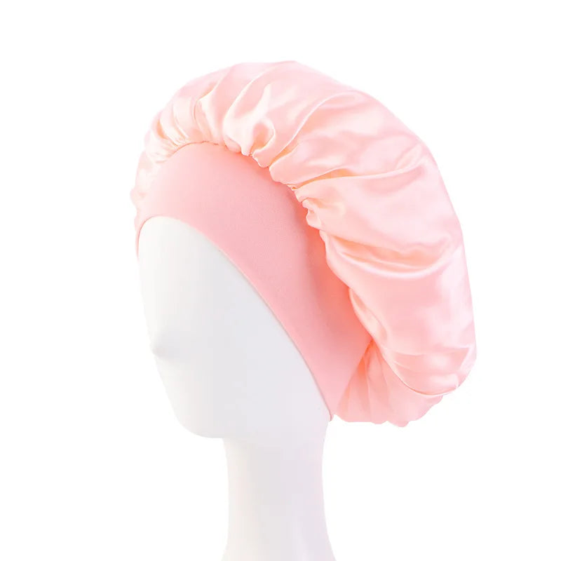Wide Band Satin Sleep Bonnet with Listed Elastic Hair Wrap Design, Polyester Material Reference and Twenty-Eight Color Labels for Adult Nighttime Hair Styling