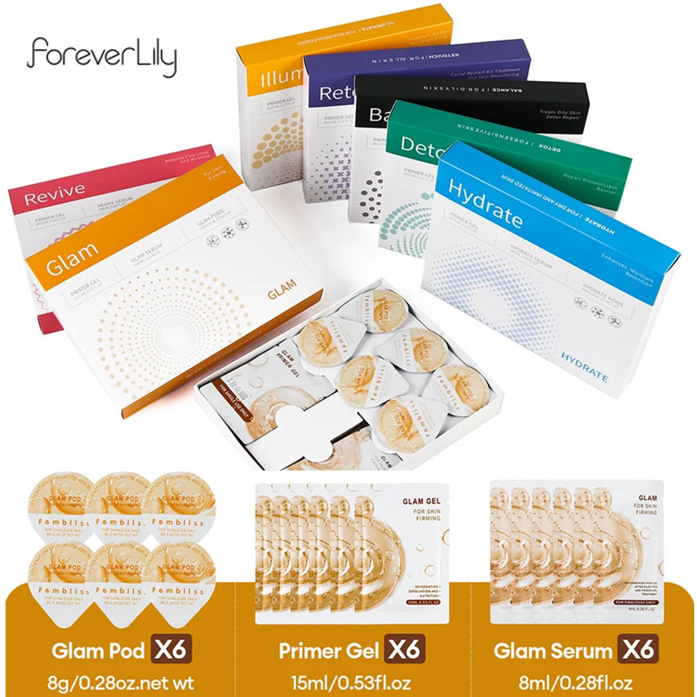 Facial Pod Serum and Gel Kit with Listed Six 8g Pods, Six 8ml Serums and Six 15ml Gels, Seven Type Choices and Separate Bubble Pen Option