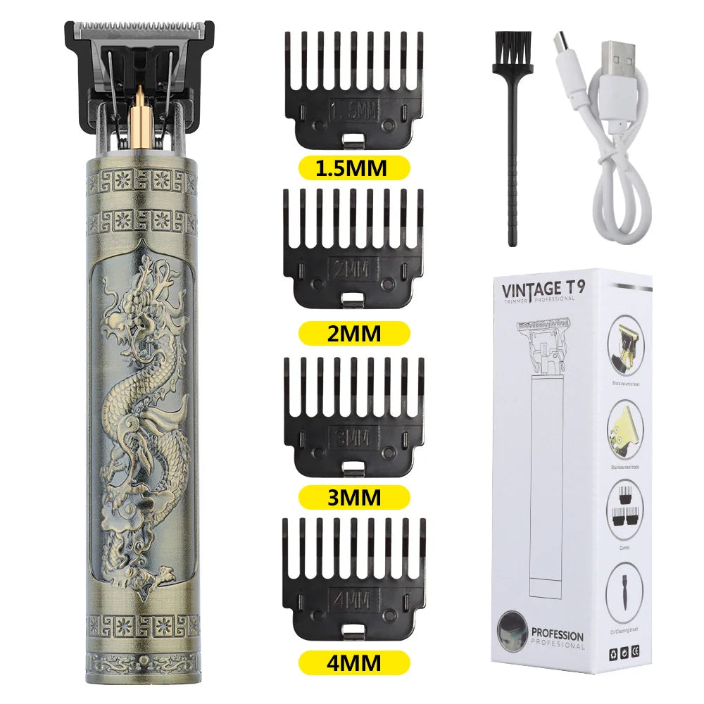 Retro T9 Hair Trimmer for Men's Everyday Haircutting and Personal Grooming, Electric Clipper Listing with Five Battery-Labeled Style Options for Home Use