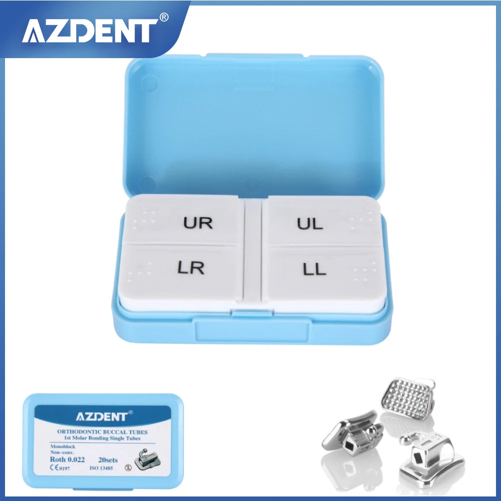 Monoblock Buccal Tubes by AZDENT, Bondable Non-Convertible Single Molar Tubes with Roth or MBT 018 and 022 Options in 20 or 50 Sets for Professional Orthodontic Use