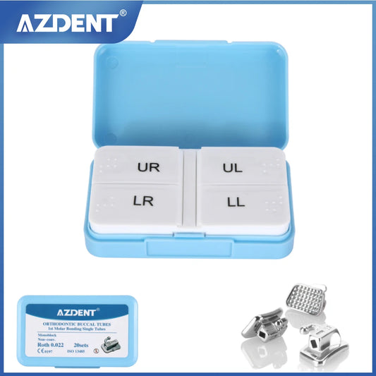 Monoblock Buccal Tubes by AZDENT, Bondable Non-Convertible Single Molar Tubes with Roth or MBT 018 and 022 Options in 20 or 50 Sets for Professional Orthodontic Use