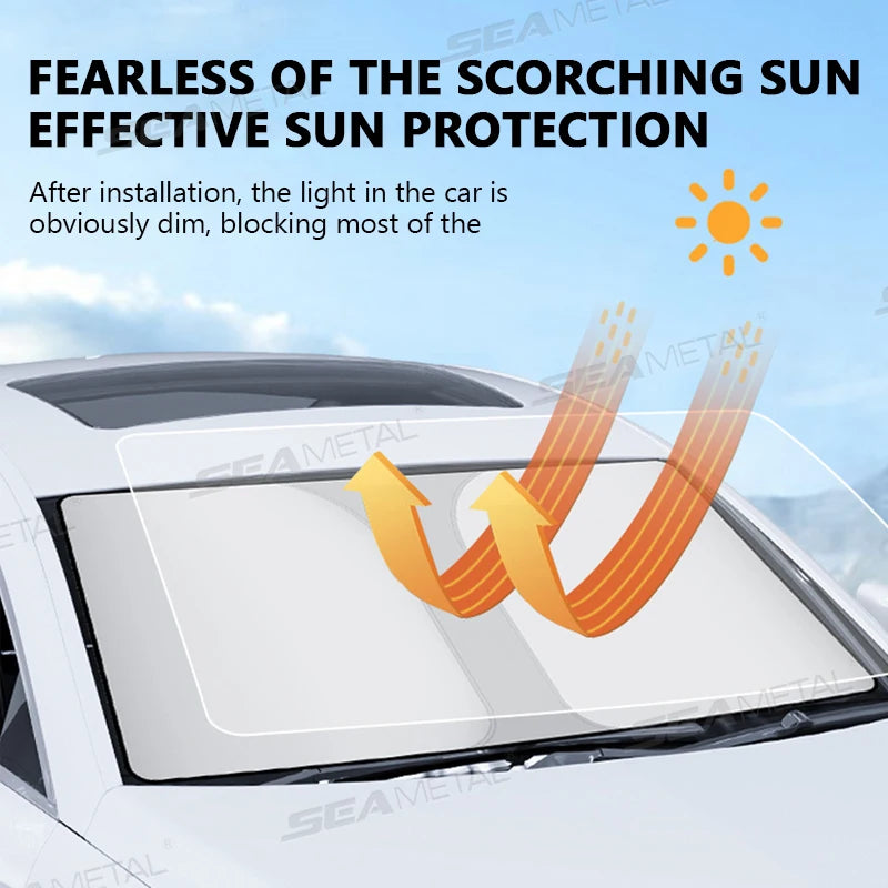 SEAMETAL Foldable Windshield Sun Shade in Silver with Reflective Material, Mirror Cutout and Wire Support, Small or Large Options for Parked Cars
