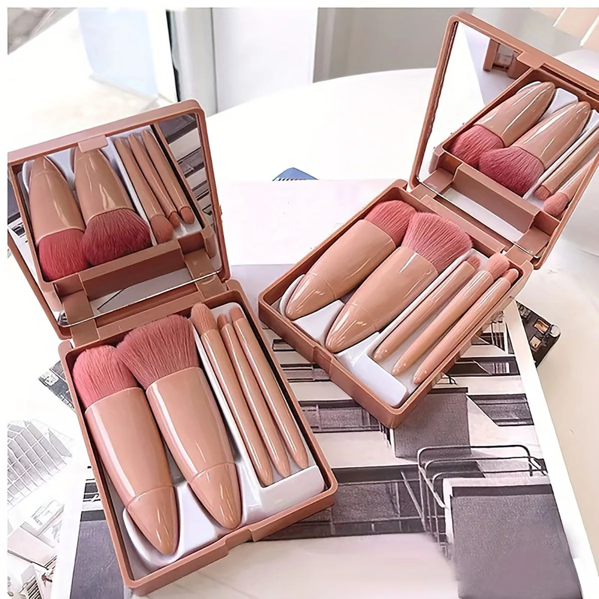 Mini Makeup Brush Set with Mirror and Foldable Travel Design, Listed Five-Piece Beauty Kit in Coffee Pink, Pink or Green for Everyday Touch-Ups