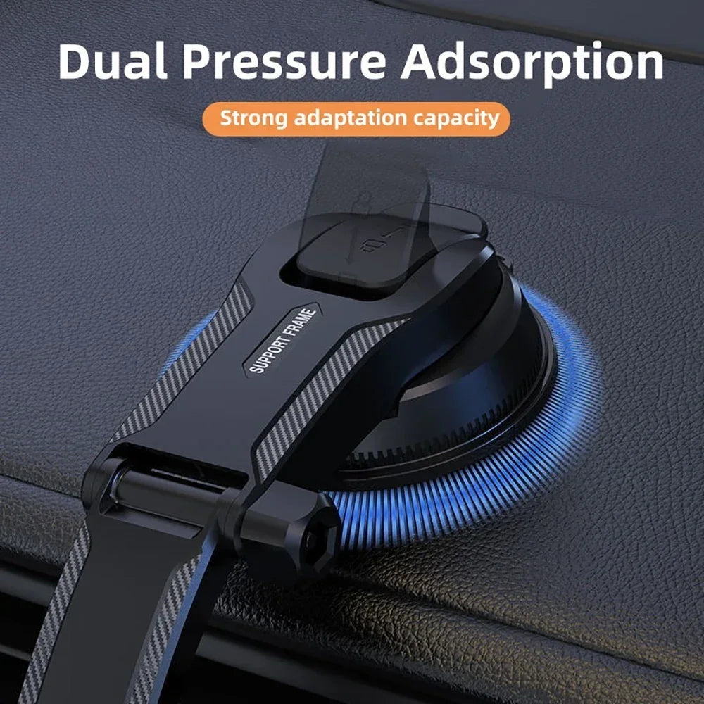 Car Phone Holder with Gravity Clamping Arms, Extension Rod and Suction Cup Base, Rotating Dashboard or Windshield Mount in Mirrored or Textured Options