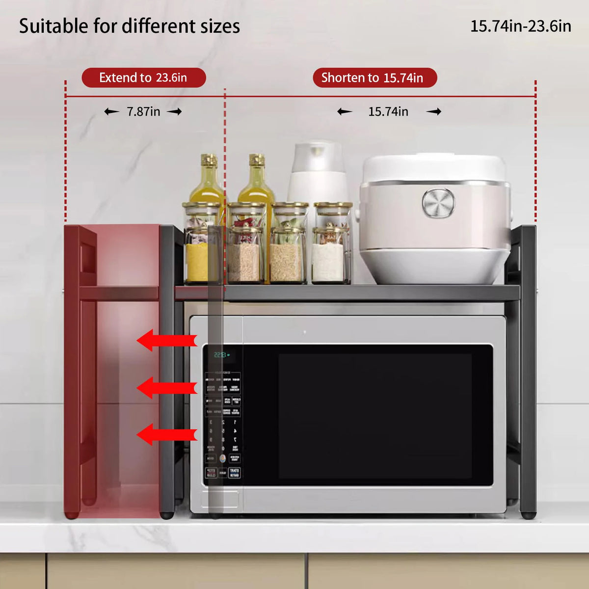 Expandable Microwave Shelf Organizer in Black or White with Listed 42–64cm Adjustable Width, Single Kitchen Rack for Countertop, Pantry and Tableware Organization