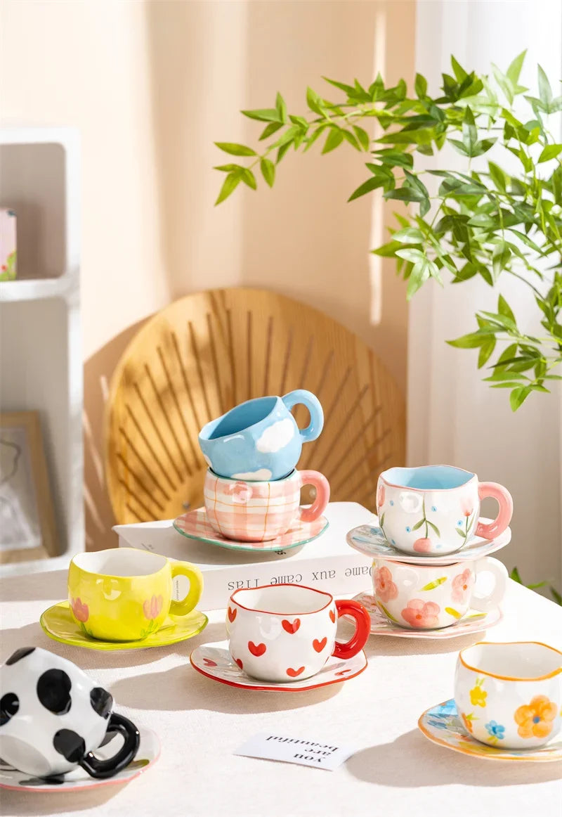Hand-Painted Ceramic Mug with Irregular Korean-Style Shape and Floral, Heart or Playful Pattern Options for Breakfast Coffee and Afternoon Tea, Cup Only