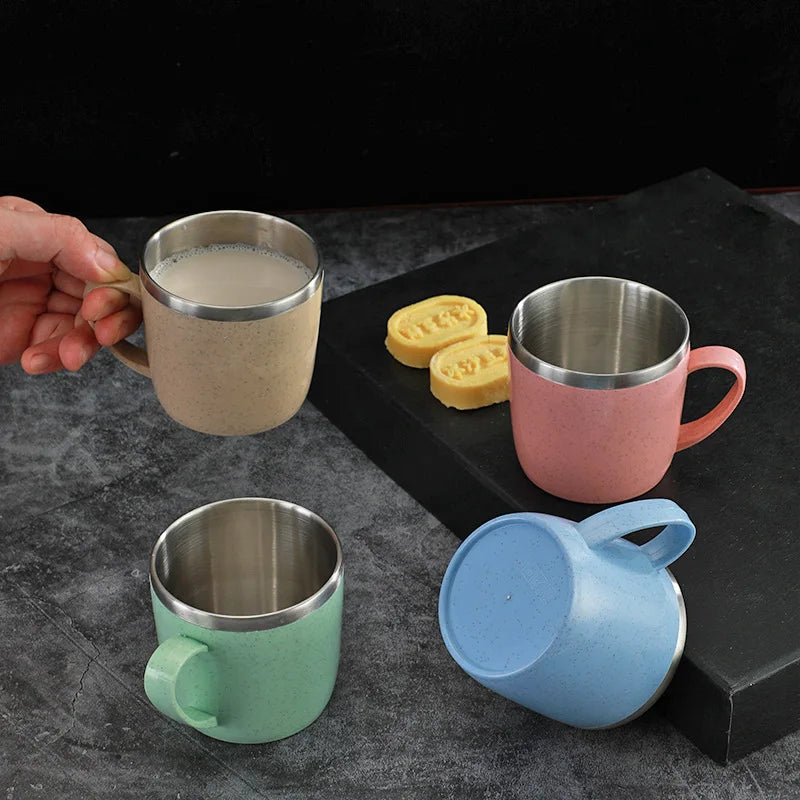 220ml Stainless Steel Mug with Plastic Handle and Double-Layer Design, Single Coffee, Tea and Milk Cup in Blue, Green, Pink or Beige for Home and Office