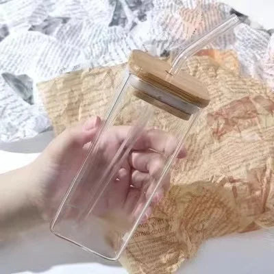 400ml Glass Coffee Cup with Listed Lid and Straw, Transparent Borosilicate Drinkware for Iced Coffee, Milk Tea and Juice with Square Cup and Bamboo Lid Options