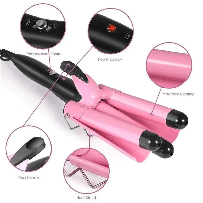 Pink Triple Barrel Hair Waver with 22mm Option Label, Ceramic Curling Iron for Women's At-Home Wave Styling and Evening Looks with US, EU or UK Plug Choices