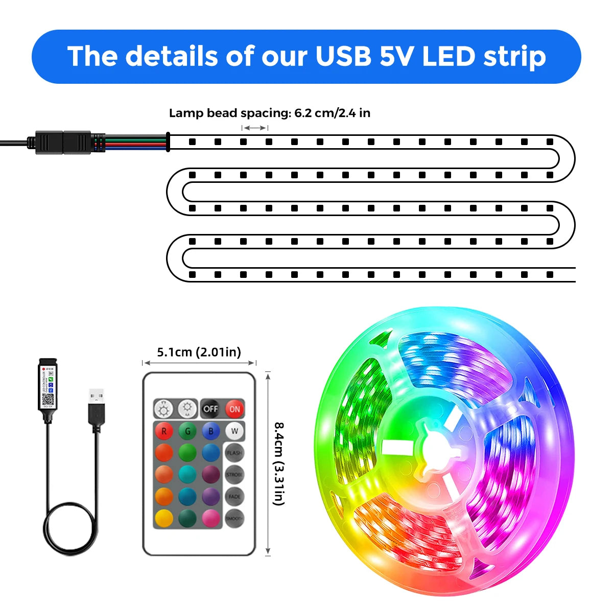 Music Sync RGB LED Strip Lights with 5V USB Power and Bluetooth 24key Option, Nine Lengths from 1m to 30m for Bedroom, TV and Party Accent Decoration