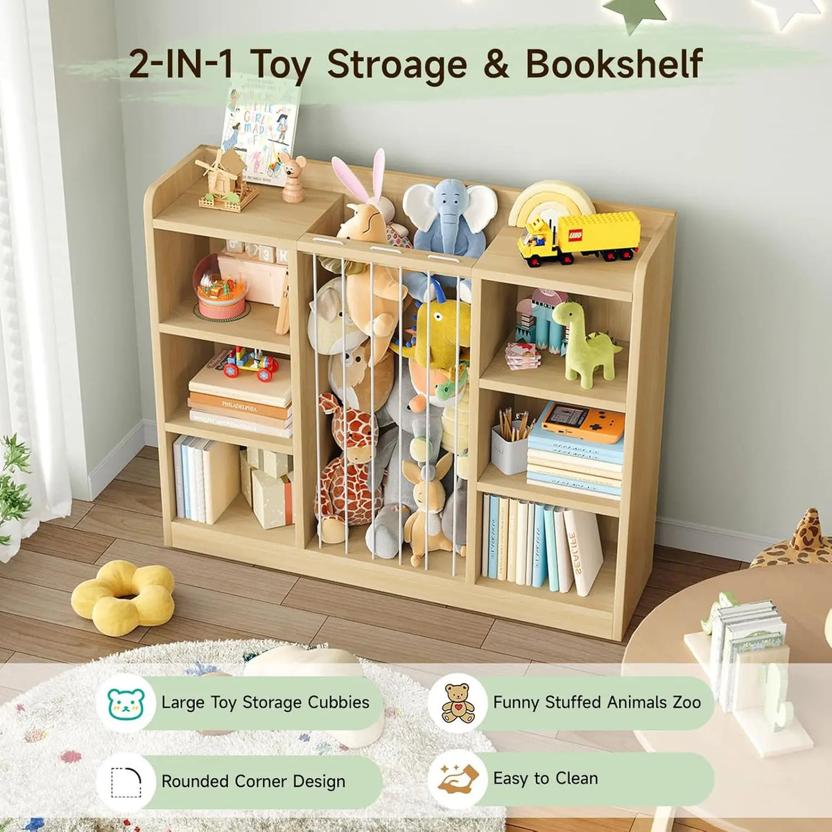 Toy Storage Shelf with Six Cubes and Rounded Corners, Light Yellow or Ivory Stuffed Animal Organizer for Playroom Cleanup and Bedroom Storage