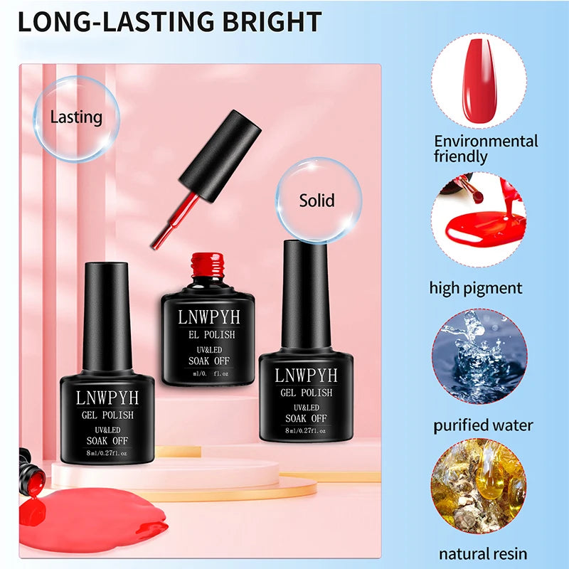 Soak-Off Gel Varnish Kit by LNWPYH with 10 Listed Polish Colors, One Base Coat, One Top Coat and UV LED Sensor Lamp for Adult Home Manicure Designs