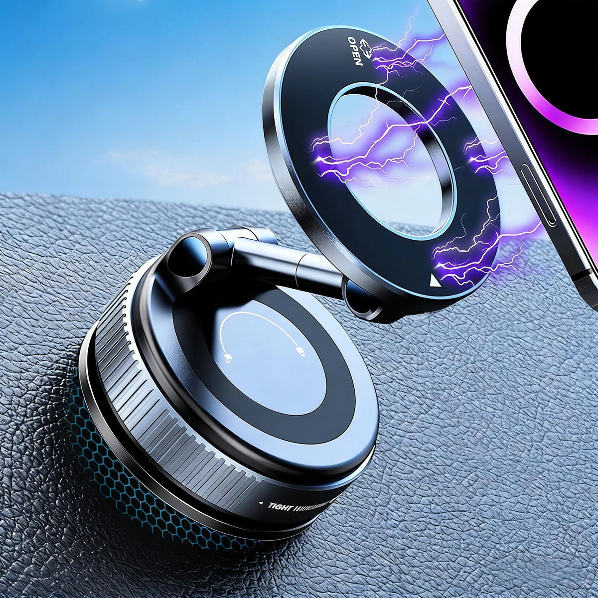 Folding Magnetic Phone Holder, 360° Rotating Vacuum Suction Mount in Black or White for Compatible Car Dashboards, Windshields and Desktop Phone Positioning
