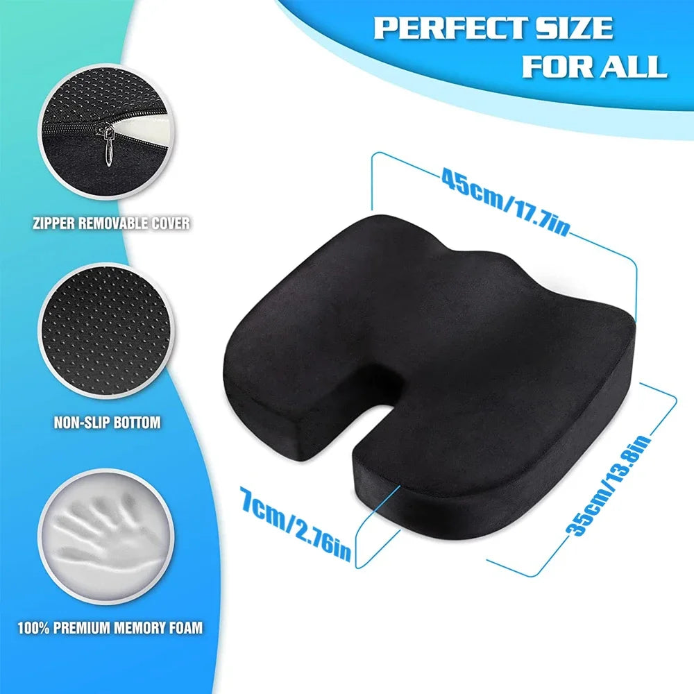 Memory Foam Seat Cushion with U-Shaped Cutout, Removable Mesh or Velour Cover and Non-Slip Bottom, Listed 45 x 35 x 7cm Pad for Office and Home Chairs