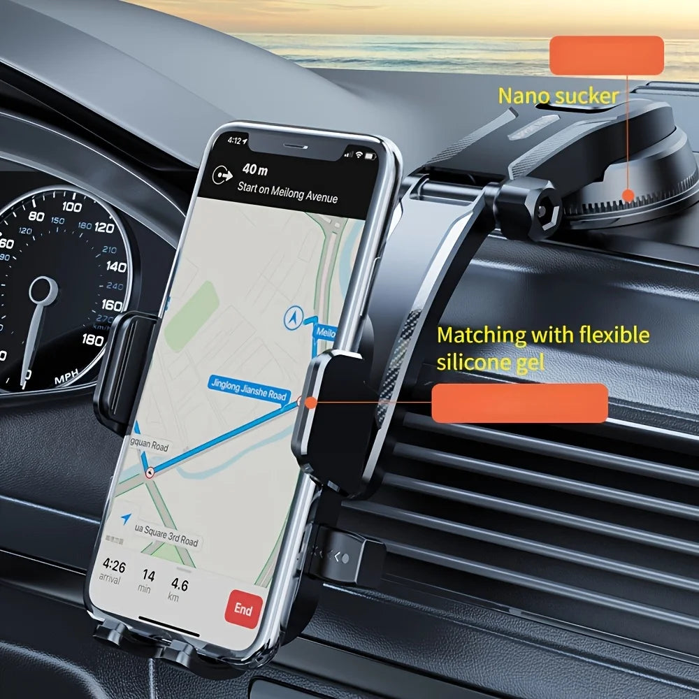Dashboard Car Phone Holder with Pressure-Locking Suction Cup, 360-Degree Rotation and Quick-Release Clamp for Navigation in Three Black Style Options