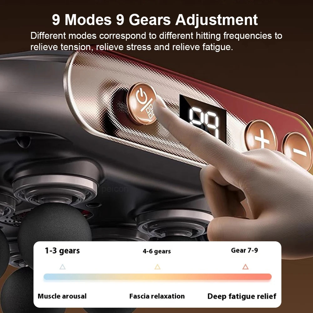 Six-Head Touchscreen Massage Gun with Integrated Contact Design, Nine Intensity Levels, Nine Massage Modes and Listed 10-Minute Auto-Off, White or Black