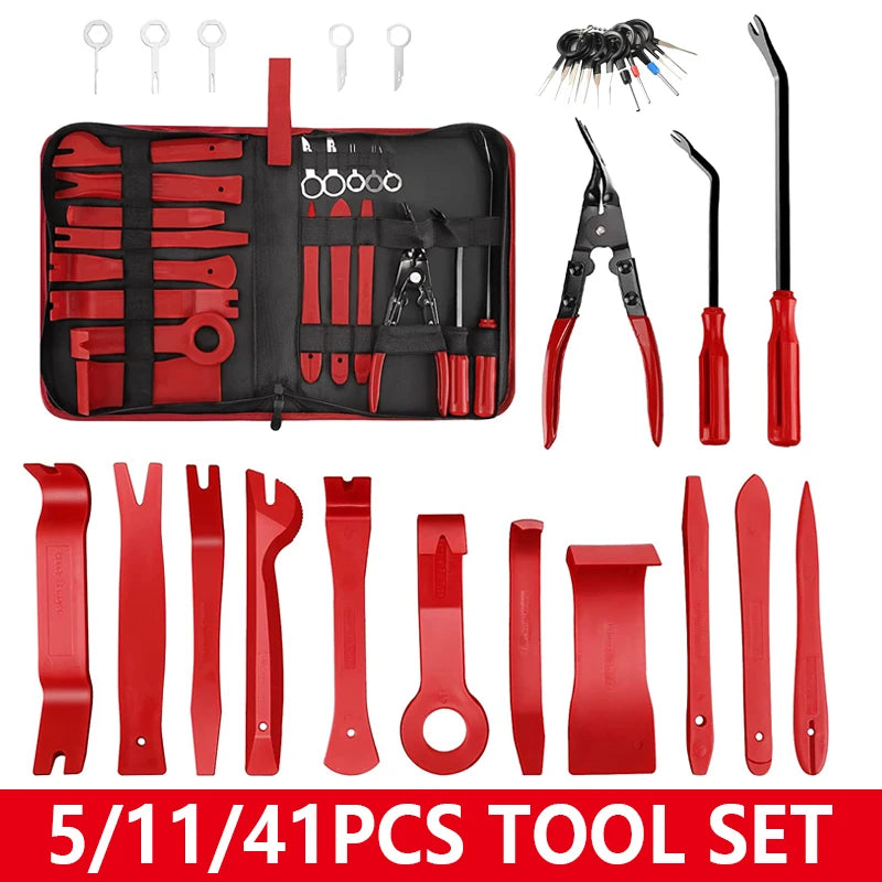 Car Panel Removal Tool Kit with 5, 11 or 41-Piece Options in Red or Blue, Manual Tools for Audio Surrounds, Door Panels, Moldings and Dashboard Trim