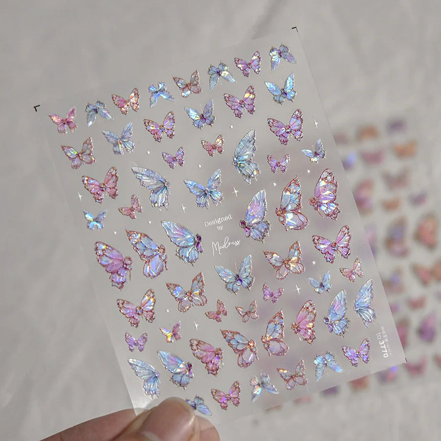 Butterfly 5D Nail Art Stickers, Kawaii Japanese-Inspired Glitter Shell Aurora Style Manicure Decals in Four Design Options for DIY Nail Decoration