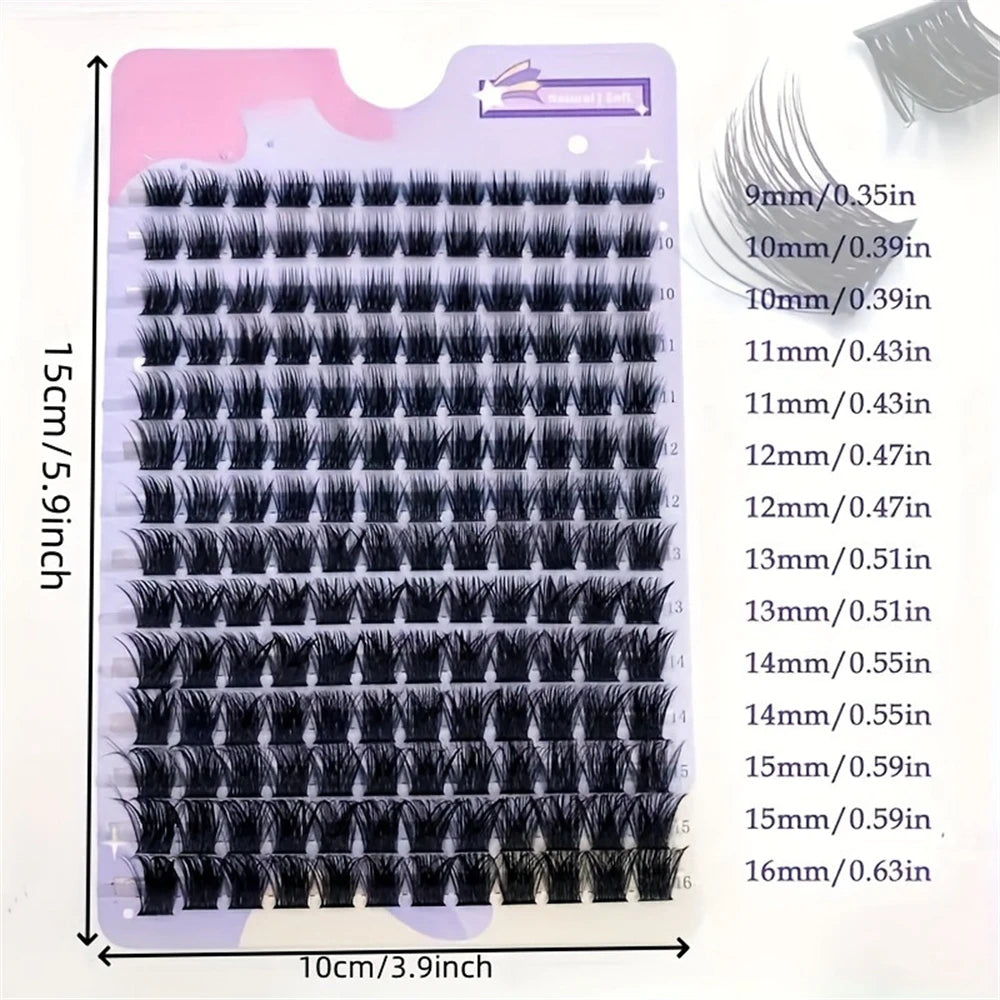 168-Piece Lash Cluster Set with Listed 9–16mm Mixed Lengths and 0.07mm Thickness, D and DD Curl References for Custom Eye Makeup Styling