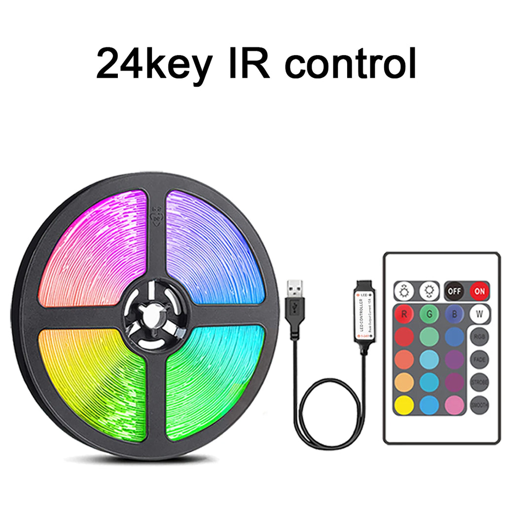IR Remote RGB LED Strip Lights with 24-Key or 44-Key Control, 5V USB Tape Lighting in Six Length Options for Bedroom Decor and TV Backlighting