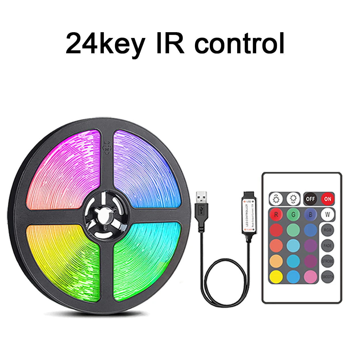 IR Remote RGB LED Strip Lights with 24-Key or 44-Key Control, 5V USB Tape Lighting in Six Length Options for Bedroom Decor and TV Backlighting