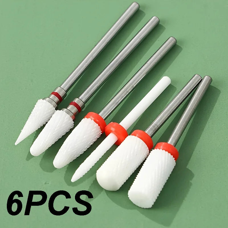 Ceramic Nail Drill Bits Set, 6-Piece Milling Cutter Accessories with Flame and Corn Shape References for Electric Manicure and Pedicure Tools