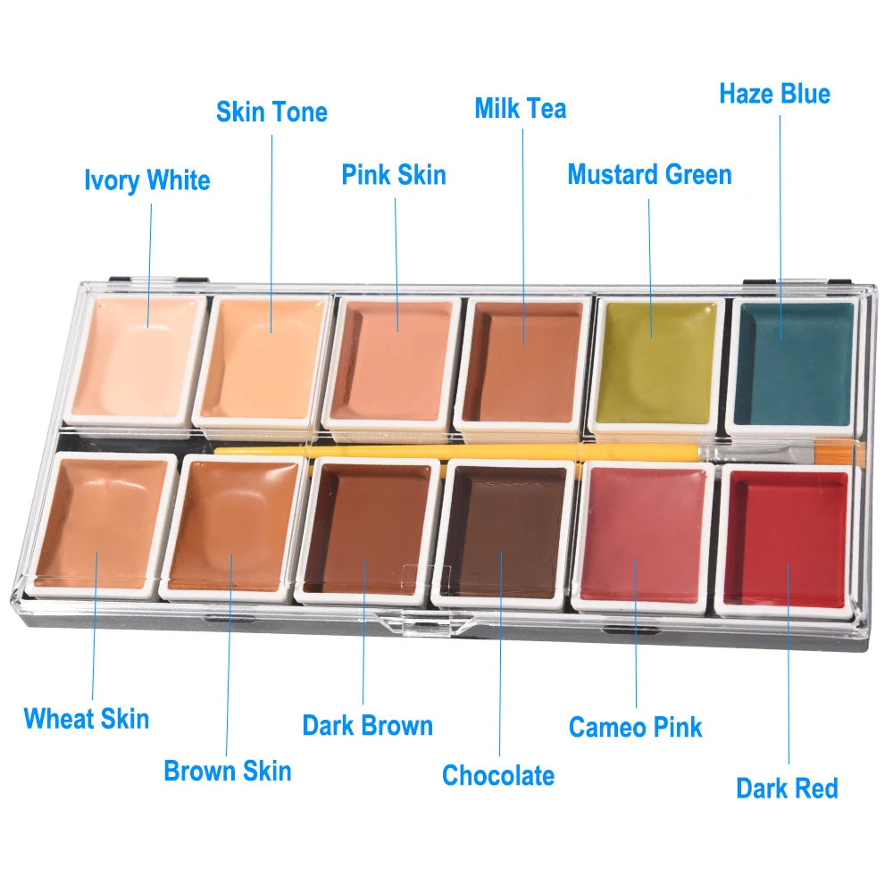 Alcohol Activated SFX Makeup Palette by OPHIR with Listed 12-Color Flesh-Tone Assortment, RT015A or RT015B Options for Halloween, Cosplay and Stage Looks