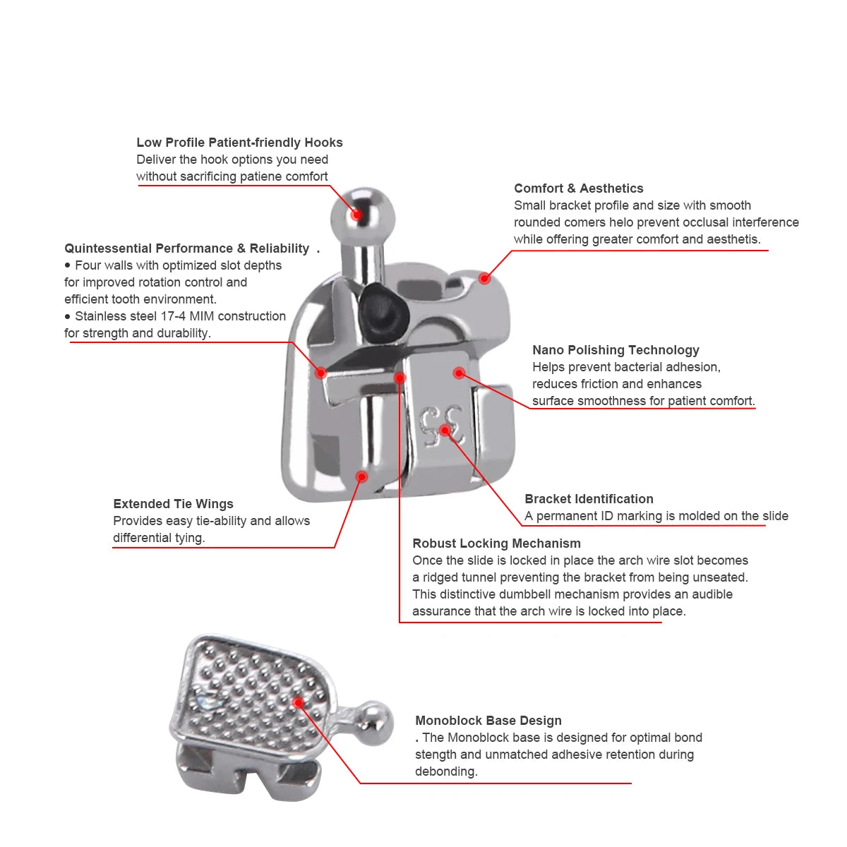 Passive Self-Ligating Brackets by AZDENT, Five Packs with First-Molar Buccal Tubes and Listed 0.022-Inch MBT or Roth Hooks 345 Options for Professional Orthodontic Selection