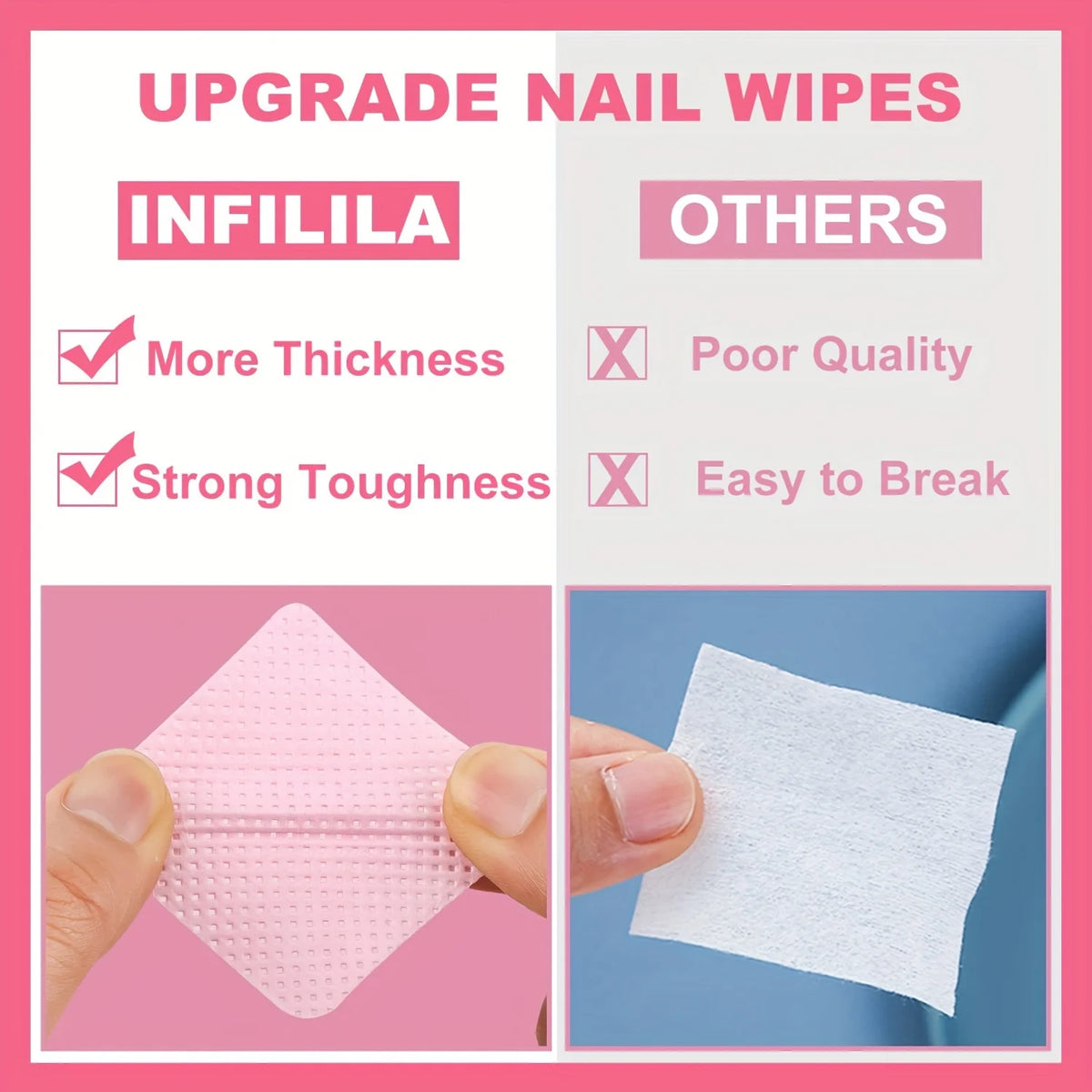 Lint-Free Nail Wipes for Gel Cleansing and Nail Polish Removal, Pink or White Manicure Pads in 20 to 600 Piece Packs with Bottle Options