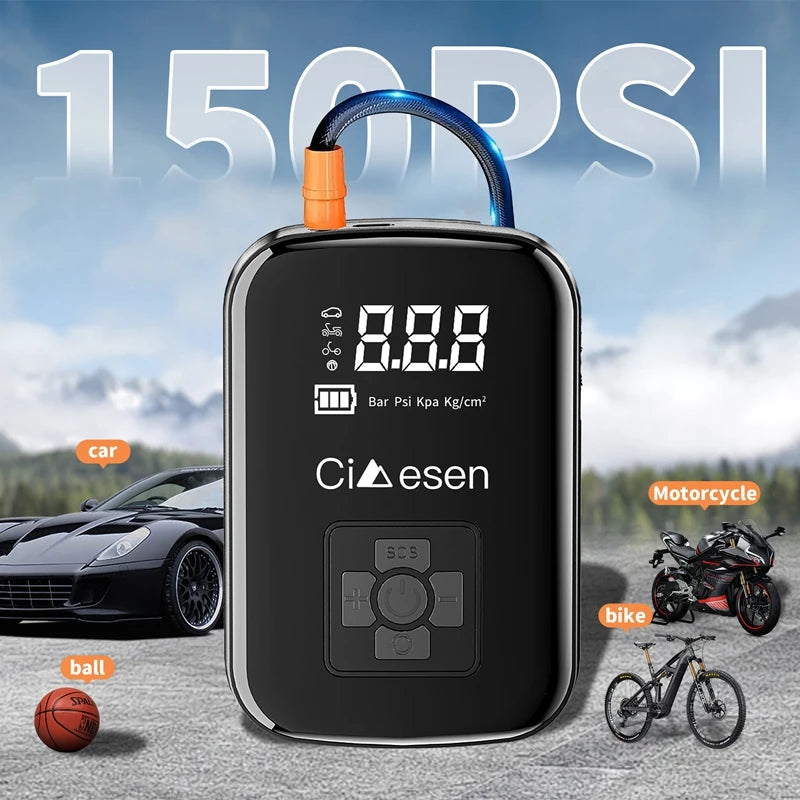 Portable Tire Inflator with 150 PSI Maximum Pressure, USB Rechargeable 3000mAh Cordless Air Pump for Cars, Motorcycles, Bicycles and Sports Balls