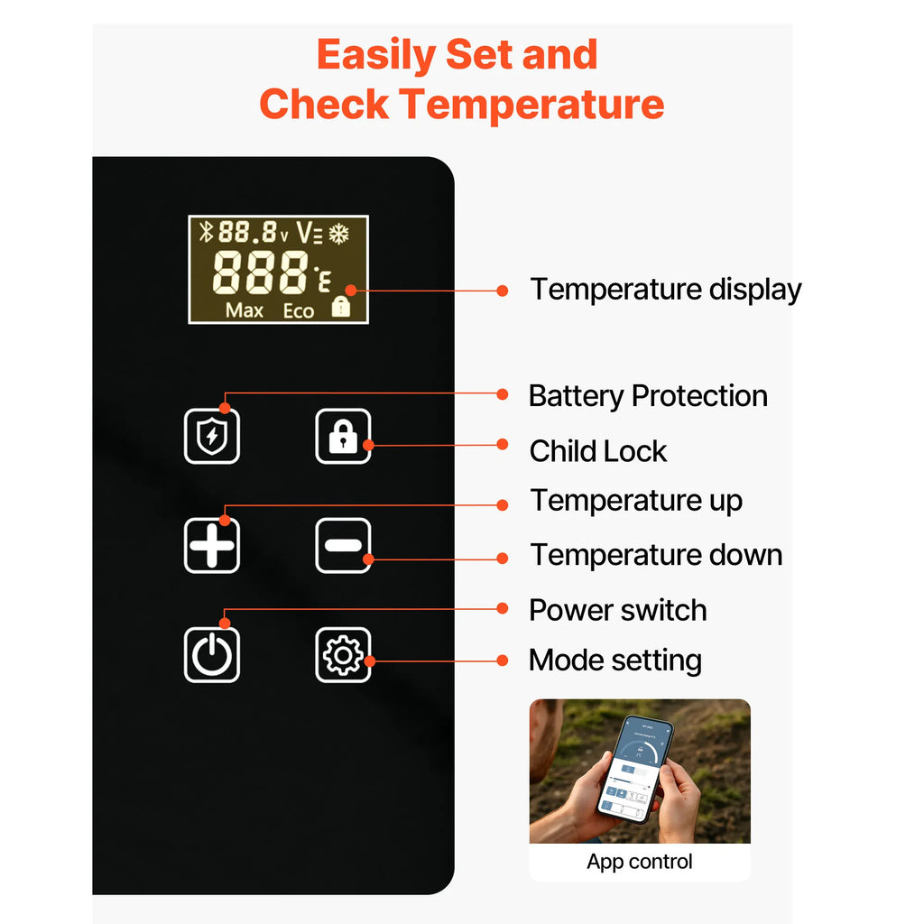 Portable Car Refrigerator by Succebuy, 15L–55L Compressor Cooler with Touch Panel and App Control, ECO and MAX Modes, 12V/24V DC Support for RV Camping and Road Trips