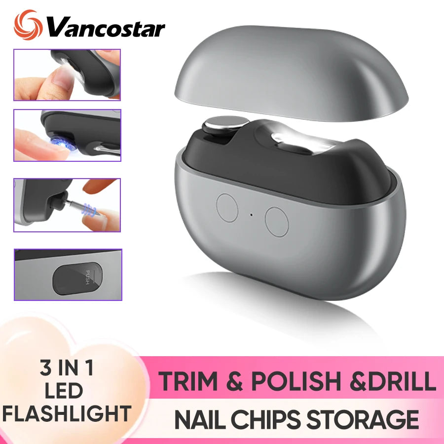 Mini Electric Nail Clipper with Rechargeable Type-C Charging, Automatic Sensing Light, Debris Compartment and Flat or Pointed Polishers for Home Nail Care