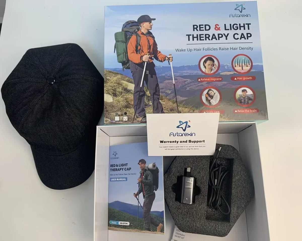 LED Light Scalp Cap with Normal, Breathing, 10Hz and 40Hz Mode References, Listed Rechargeable 2000mAh Battery and Black or Grey Regional Plug Options