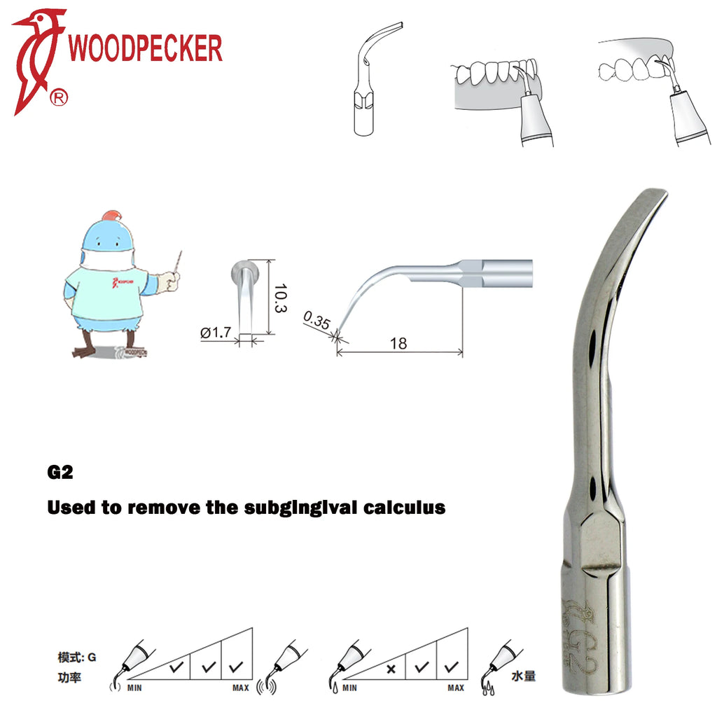 Ultrasonic Scaler Handpiece and Tip Options by Woodpecker, HW-5L LED Handpiece or P, E and G Series Tips for Compatible Dental Equipment
