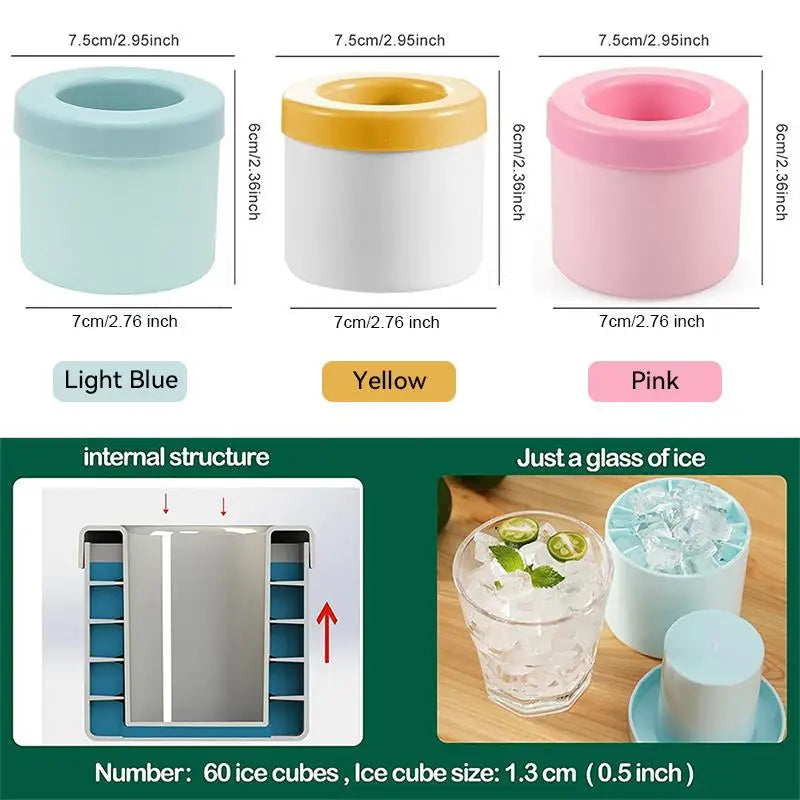 Silicone Ice Cube Mold with Lid, Round Ice Bucket Tray for Freezer, Mini Bullet Ice Maker for Cocktails, Whiskey, Juice, Home Bar and Party Drinks, Pink, Yellow and Blue
