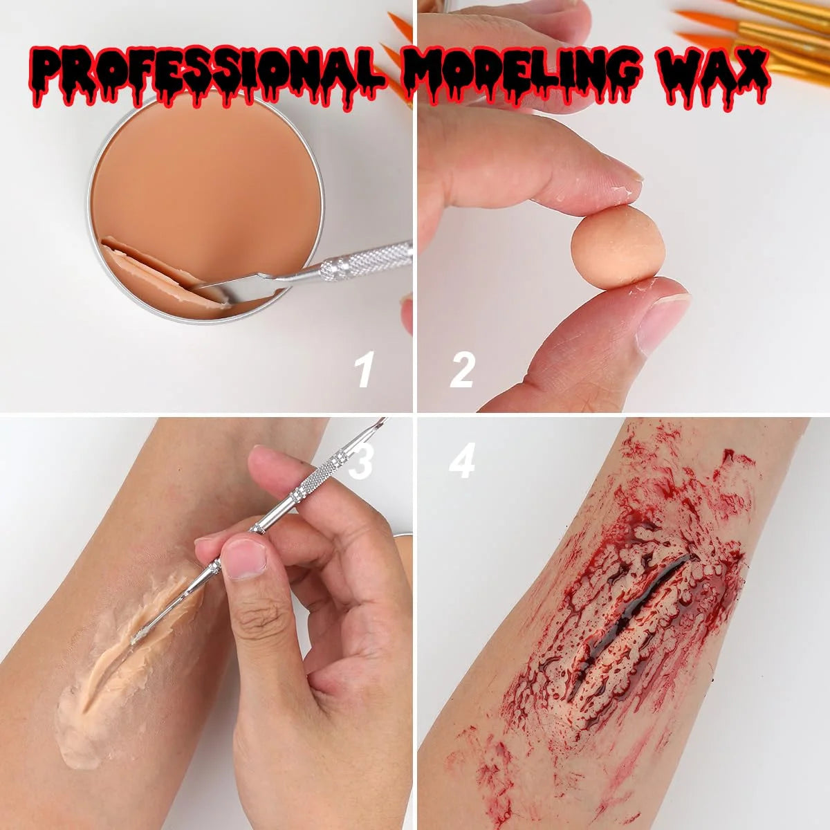 Halloween SFX Makeup Set by Bowitzki with Fake Blood, Scar Wax and Charred Ash Powder References for Simulated Costume Effects, Cosplay and Stage Looks