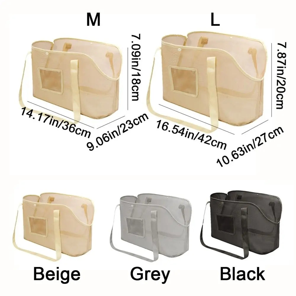 Mesh Dog Carrier Shoulder Bag, Foldable Breathable Pet Travel Handbag with Textilene, Nylon and Oxford Cloth in Beige, Black or Grey and M or L Size Options