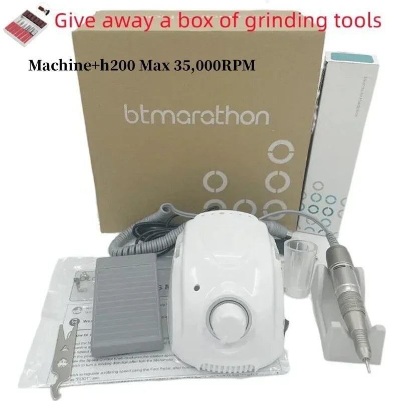 Manicure Micromotor Drill in BT Marathon Style Options with US or EU Plugs, Listed 65W Power, 35,000 RPM and H200 Handle References for Adult Nail Work