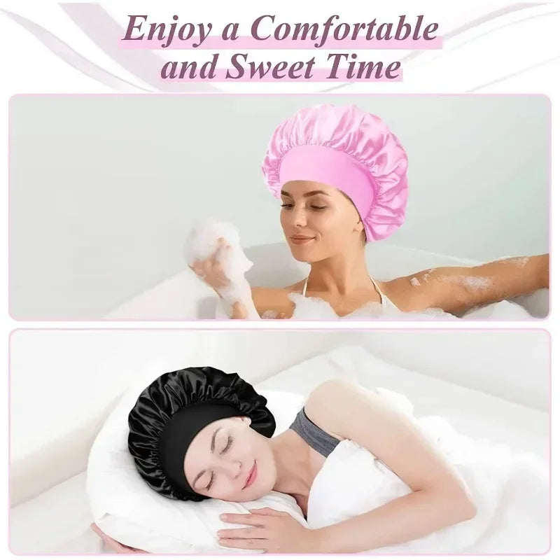 Satin Hair Bonnet with Wide Elastic Band, Single Sleep Cap in Thirteen Colors for Long or Short Hair, Nighttime Routines, Makeup and Face Washing