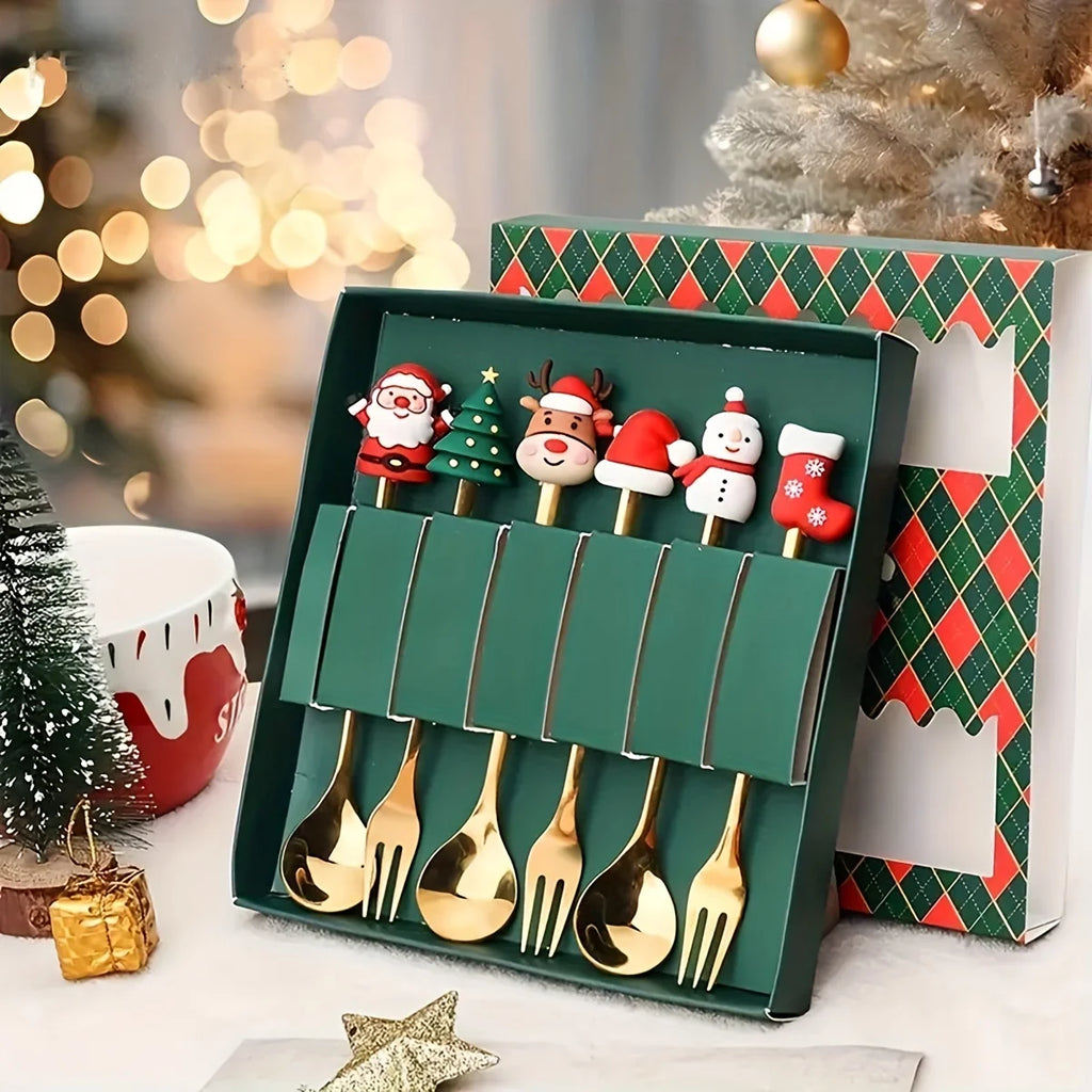 Christmas Spoons and Forks Set in Stainless Steel with 2, 4 or 6-Piece Spoon-Only and Mixed Options for Festive Coffee, Tea, Dessert Tables and Holiday Gifts