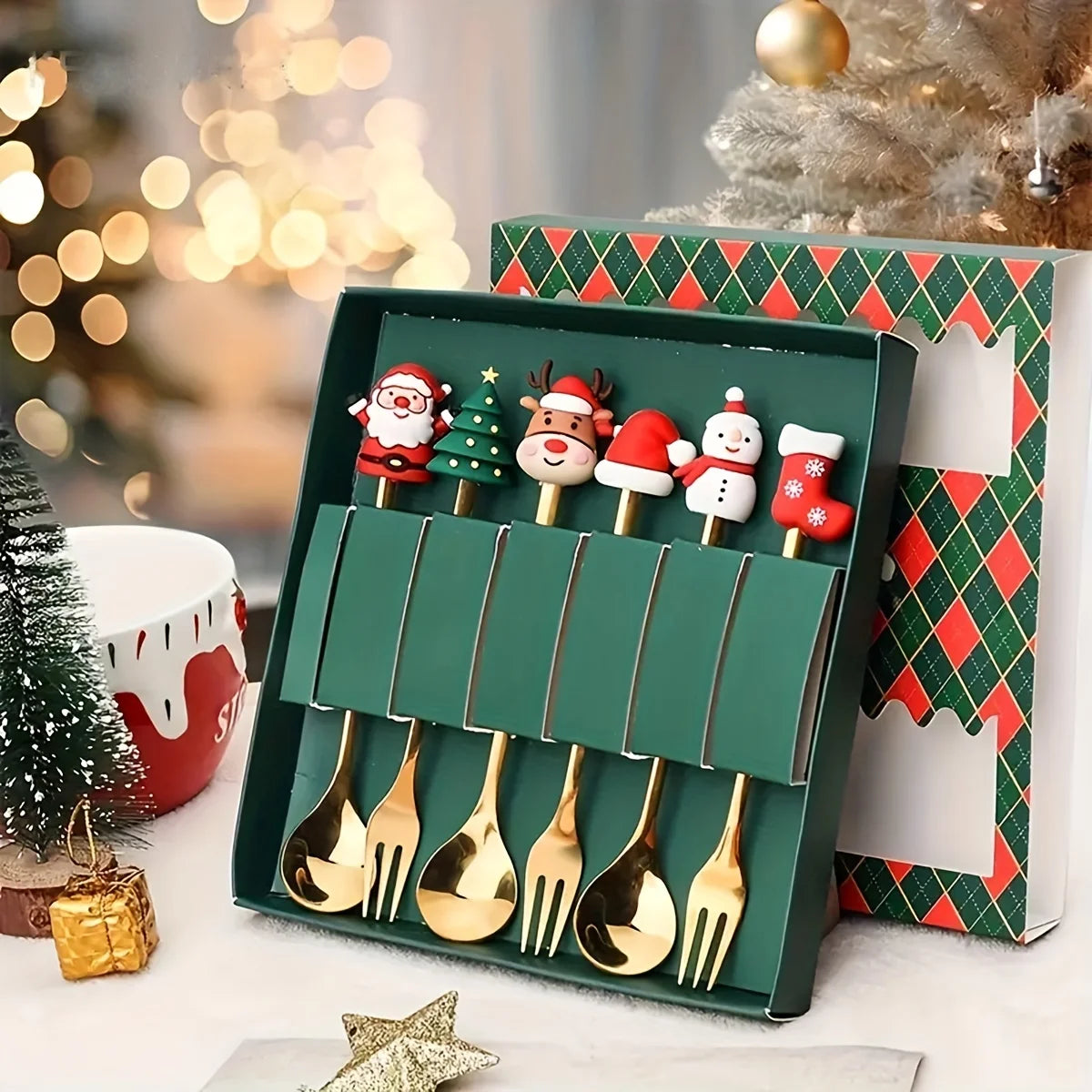 Christmas Spoons and Forks Set in Stainless Steel with 2, 4 or 6-Piece Spoon-Only and Mixed Options for Festive Coffee, Tea, Dessert Tables and Holiday Gifts