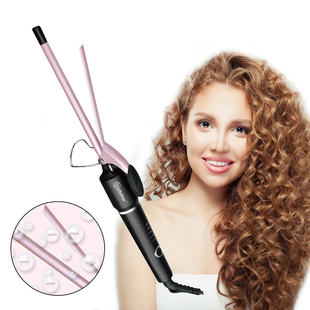 Hatteker 9mm Curling Wand, Slim Tourmaline Ceramic Barrel Hair Styling Iron with Listed 210–240V Rating and US, EU or UK Plug Options