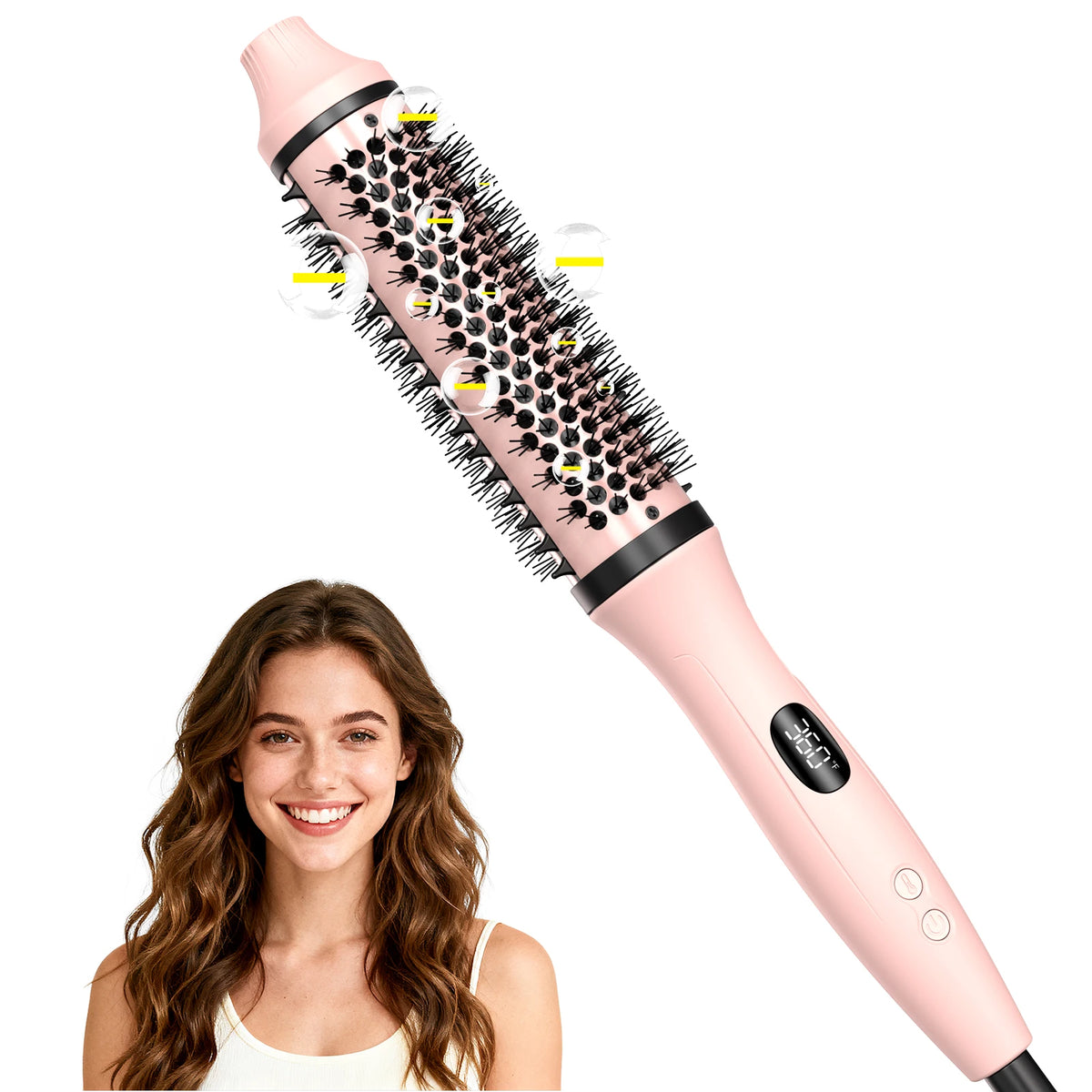 Ionic Heated Round Brush with Six Temperature Settings, LED Display and 110–240V Listed Dual Voltage for Curling, Smoothing and Root Volume, Pink